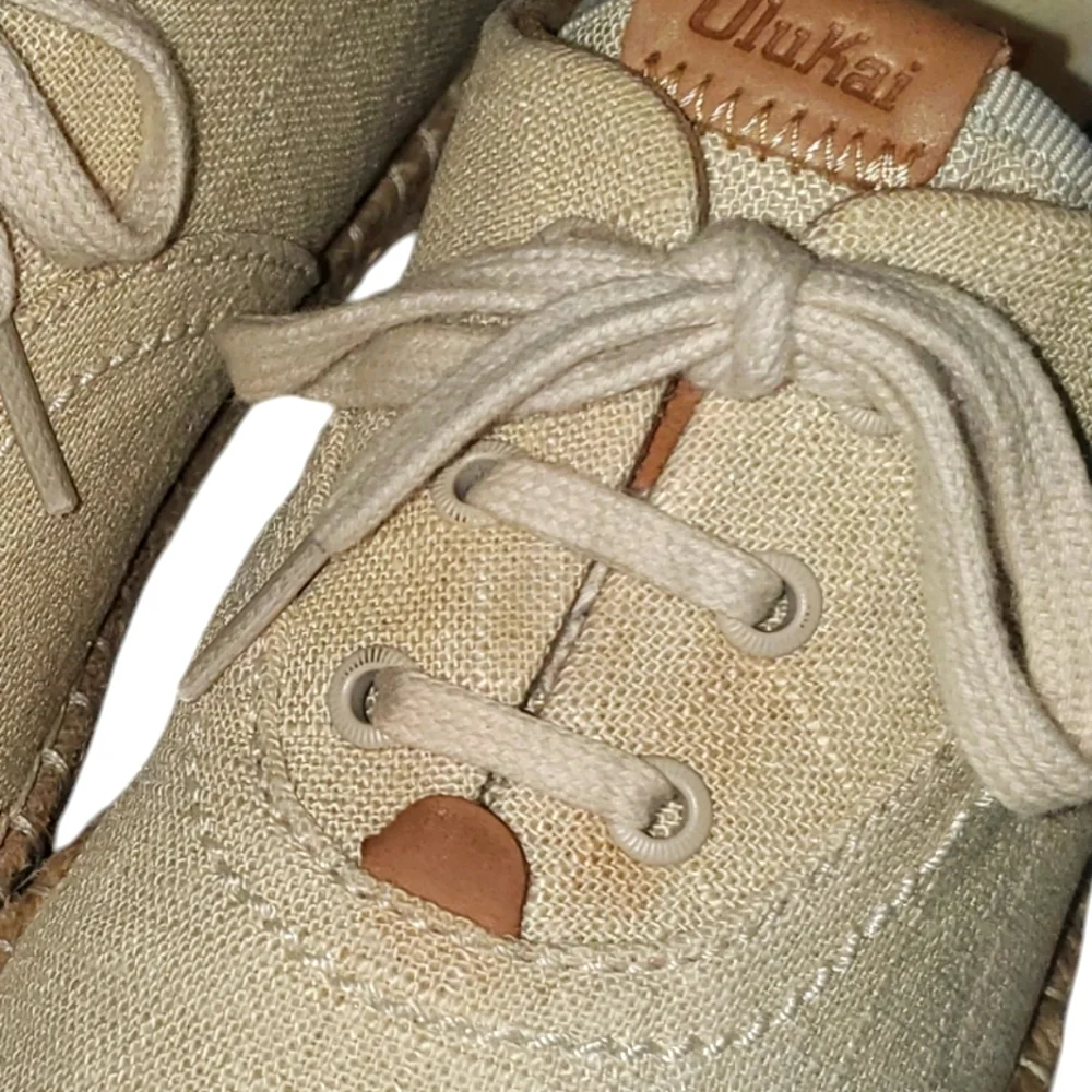 OLUKAI Kaula Pa'a Li Cream Linen LaceUp Boho Minimalist‎ Espadrille Flats Size 7